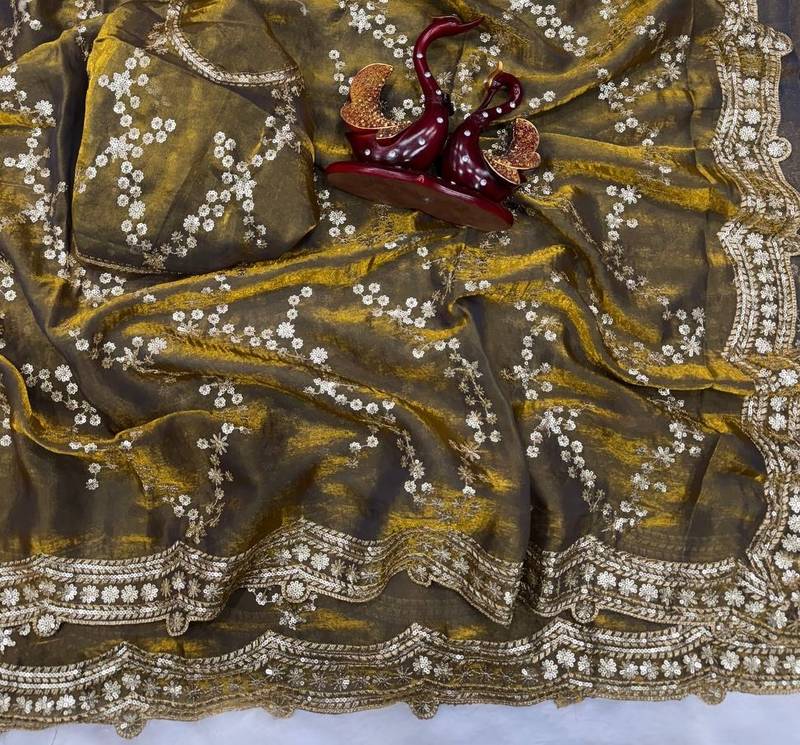 Olive Color Embroidered Space Silk Saree