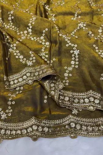 Olive Color Embroidered Space Silk Saree