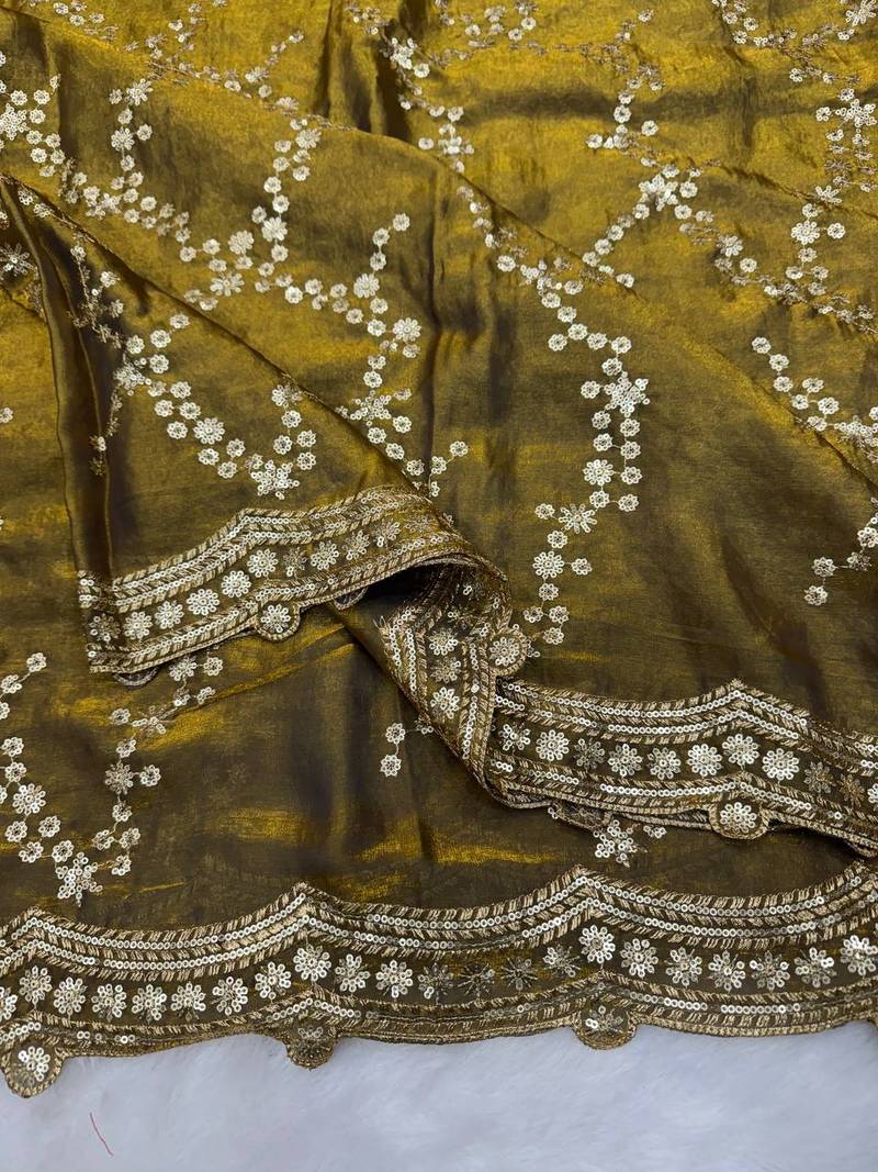 Olive Color Embroidered Space Silk Saree