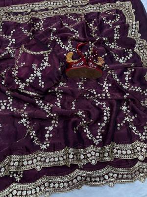 Plum Color Embroidered Space Silk Saree 1