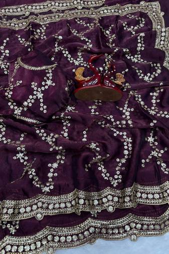 Plum Color Embroidered Space Silk Saree