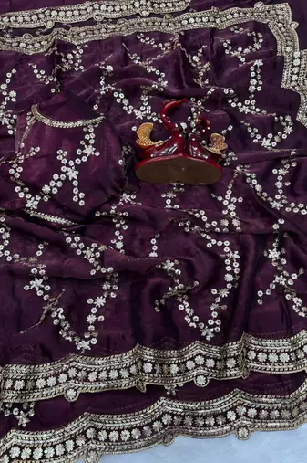 Plum Color Embroidered Space Silk Saree