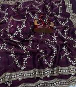Plum Color Embroidered Space Silk Saree