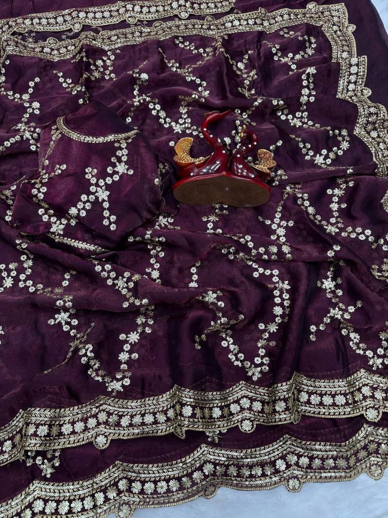Plum Color Embroidered Space Silk Saree