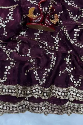 Plum Color Embroidered Space Silk Saree