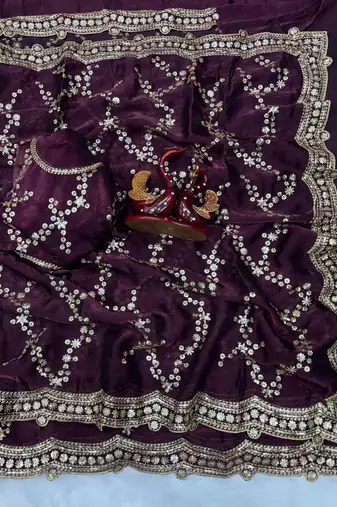 Plum Color Embroidered Space Silk Saree