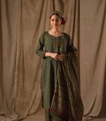 Bottle green printed cotton suit set with chevron dupatta