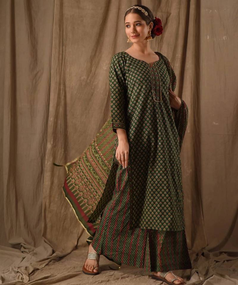 Bottle green printed cotton suit set with chevron dupatta