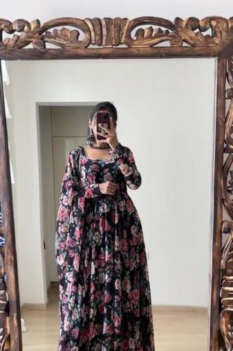 Black Faux Georgette Semi-Stitched Printed Gown with Matching Printed Georgette Dupatta