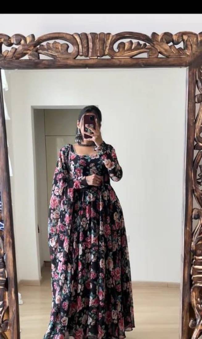 Black Faux Georgette Semi-Stitched Printed Gown with Matching Printed Georgette Dupatta