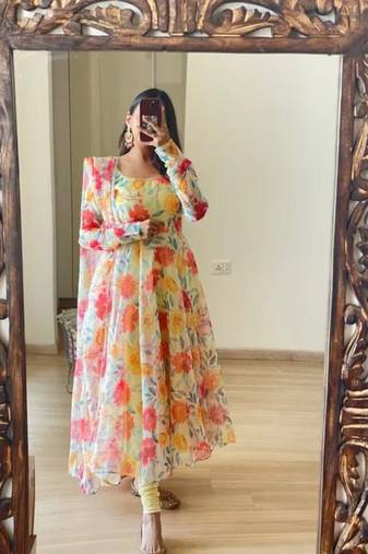 Peach Faux Georgette Semi-Stitched Printed Gown with Matching Printed Georgette Dupatta