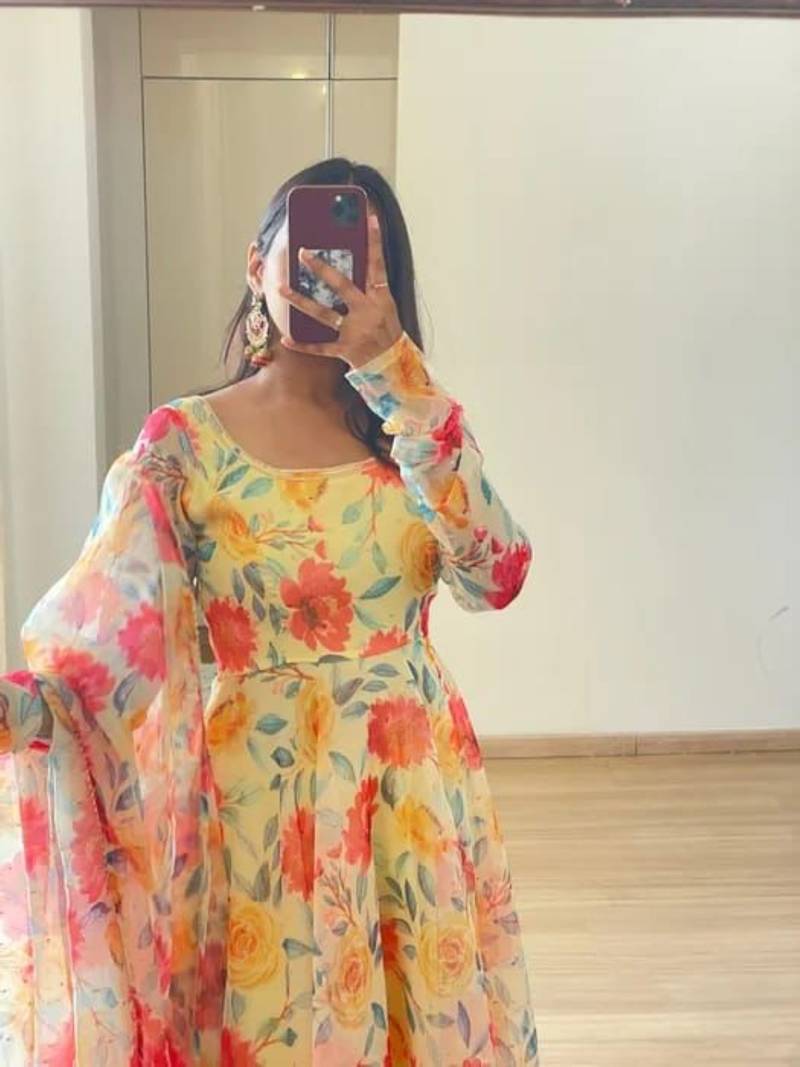 Peach Faux Georgette Semi-Stitched Printed Gown with Matching Printed Georgette Dupatta