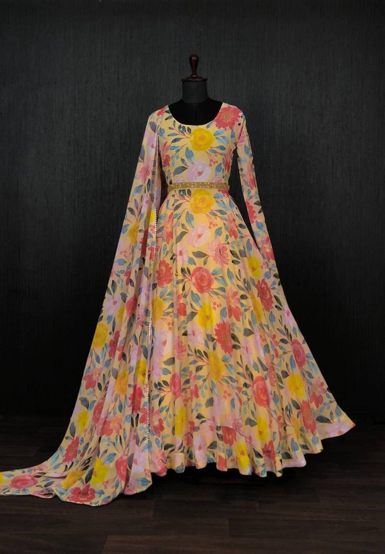 Peach Faux Georgette Semi-Stitched Printed Gown with Matching Printed Georgette Dupatta