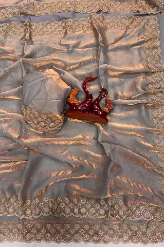 Light Grey Color Diamond Work Space Silk Saree