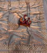 Light Grey Color Diamond Work Space Silk Saree