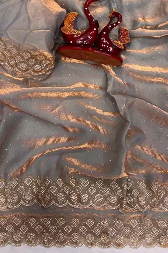 Light Grey Color Diamond Work Space Silk Saree
