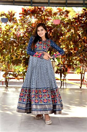 Blue Pashmina Printed Gown with Matching Printed Dupatta | Semi-Stitched | Comfortable Daily & Festive Wear