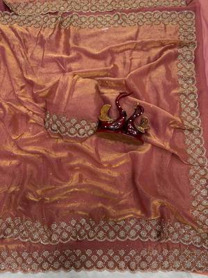 Peach Color Diamond Work Space Silk Saree 1