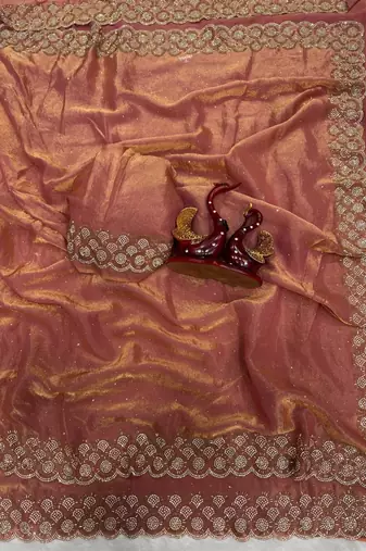 Peach Color Diamond Work Space Silk Saree