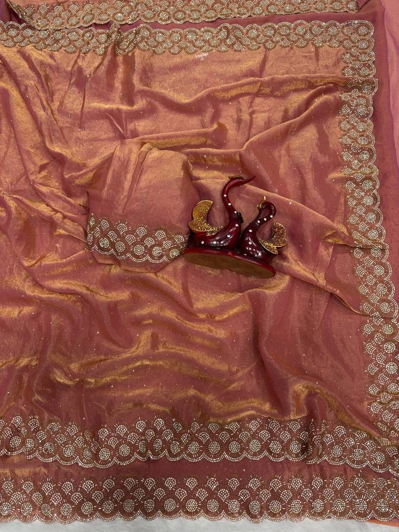 Peach Color Diamond Work Space Silk Saree