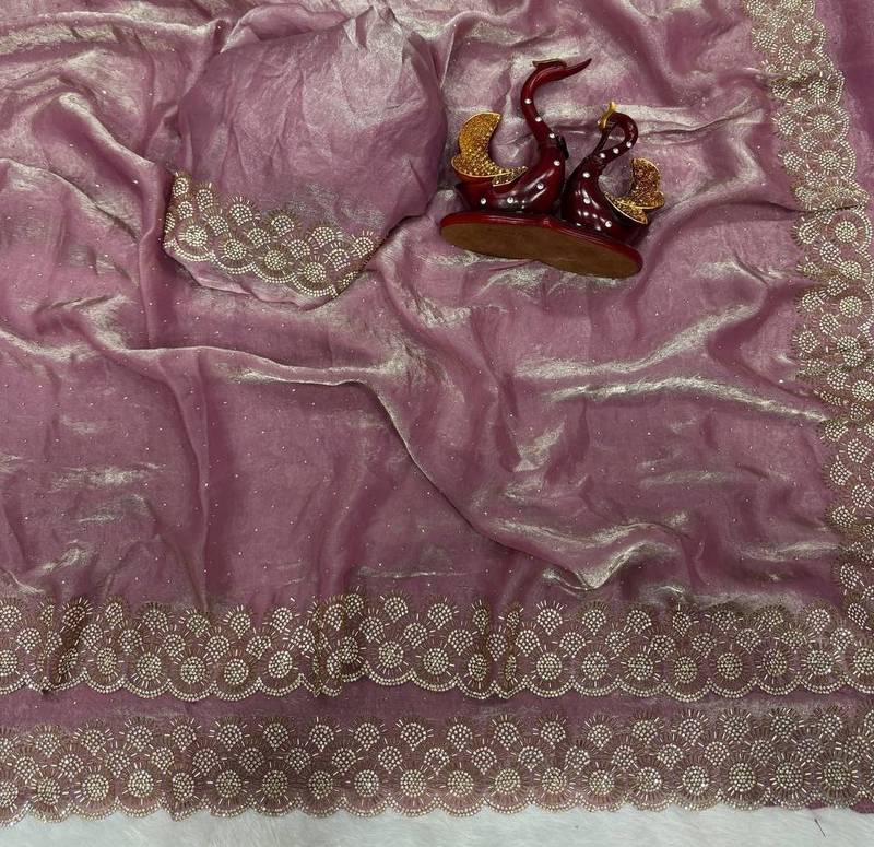 Pink Color Diamond Work Space Silk Saree