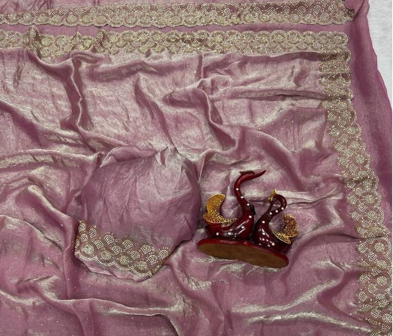 Pink Color Diamond Work Space Silk Saree