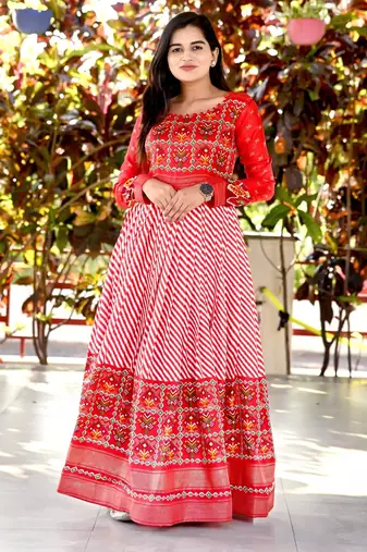 Red Pashmina Printed Semi-Stitched Gown with Matching Printed Dupatta | Soft & Comfortable Daily Wear