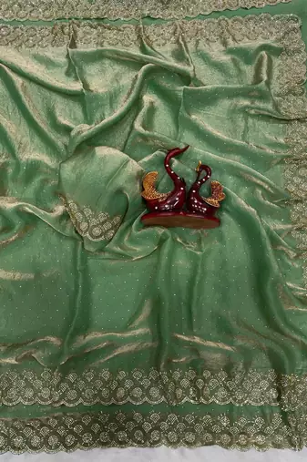 Sea Green Color Diamond Work Space Silk Saree