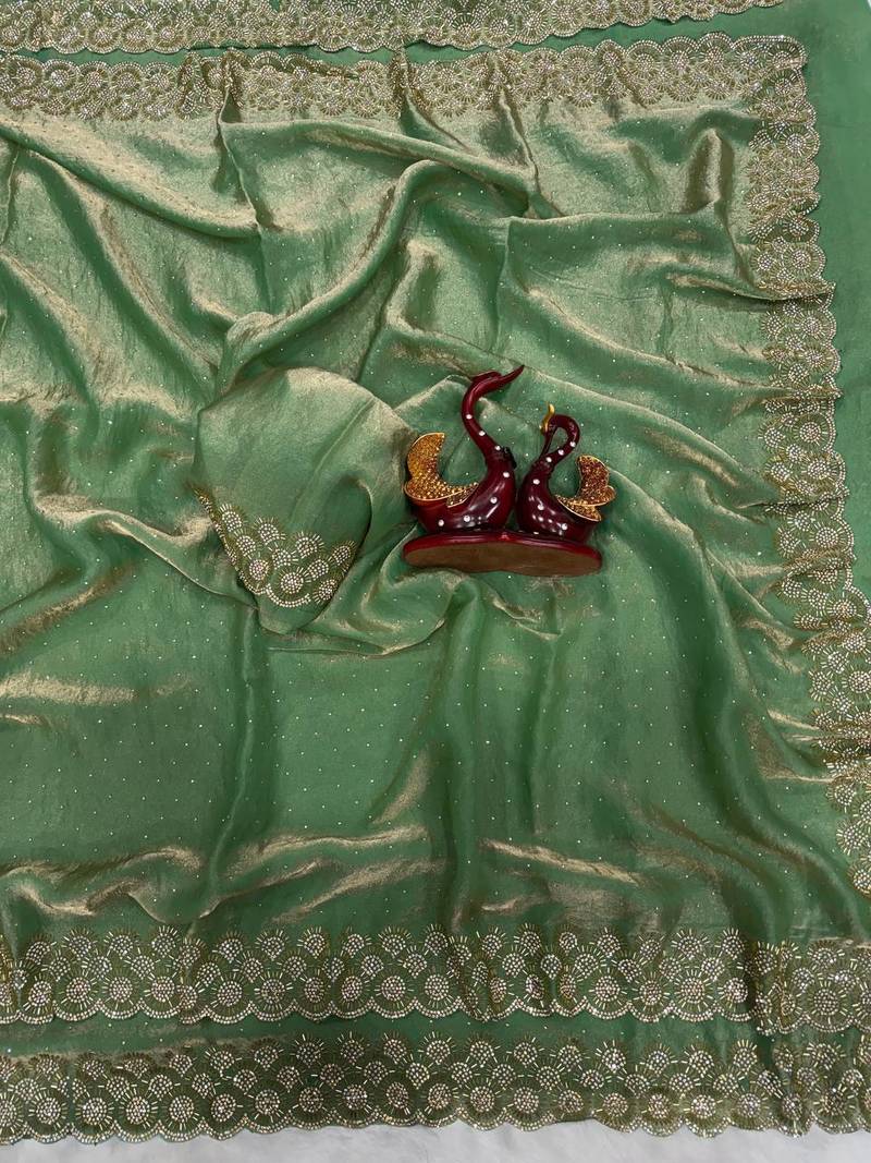 Sea Green Color Diamond Work Space Silk Saree