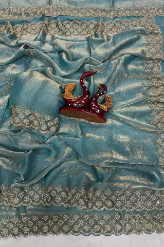 Sky Blue Color Diamond Work Space Silk Saree