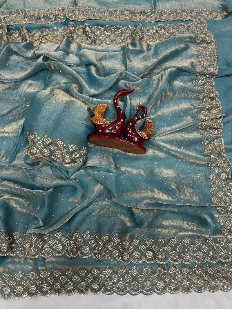 Sky Blue Color Diamond Work Space Silk Saree