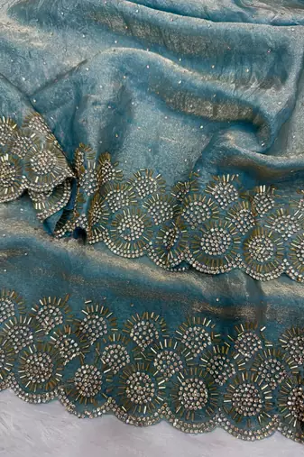 Sky Blue Color Diamond Work Space Silk Saree