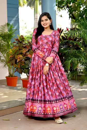 Pink Chinnon Printed Semi-Stitched Gown with Matching Printed Dupatta | Soft, Flowing & Daily Wear