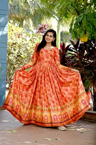 Orange Chinnon Printed Semi-Stitched Gown with Matching Printed Dupatta | Lightweight & Stylish Ethnic Wear