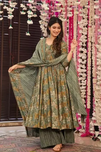 Sage green floral printed anarkali suit set with striped palazzos