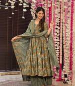 Sage green floral printed anarkali suit set with striped palazzos