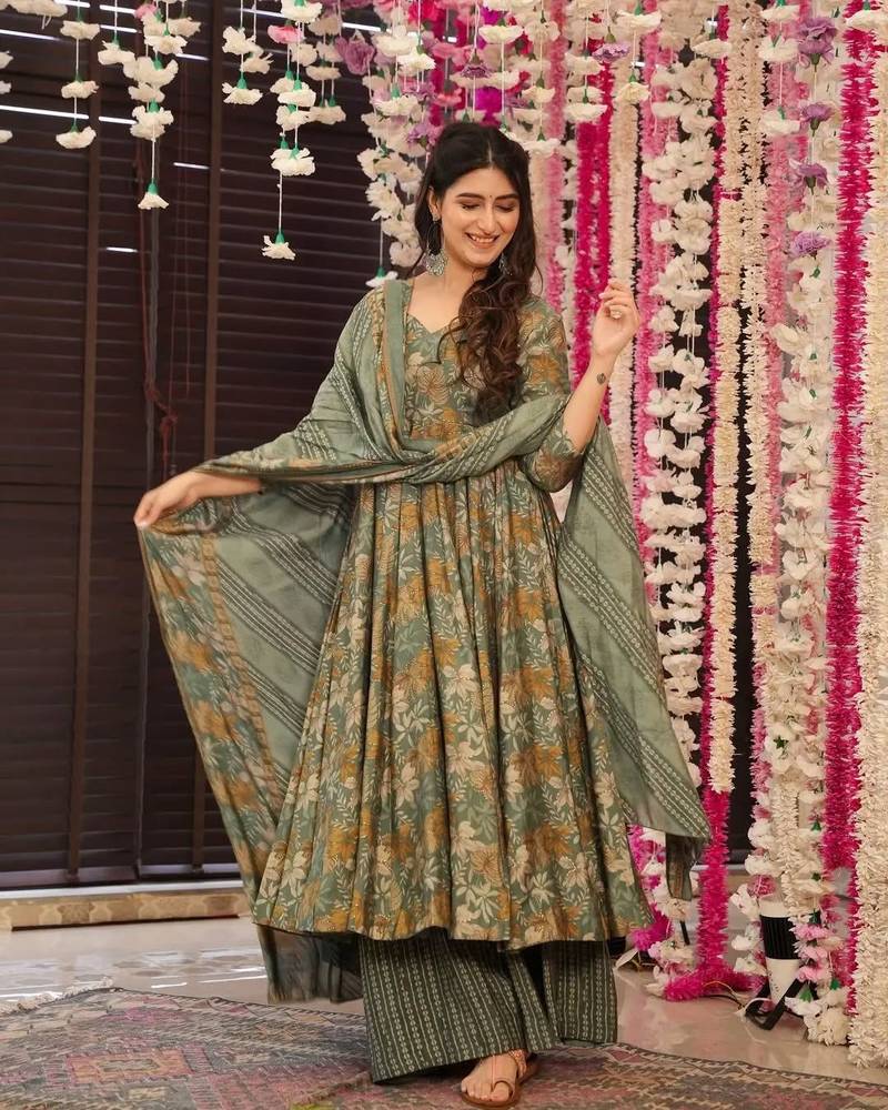 Sage green floral printed anarkali suit set with striped palazzos