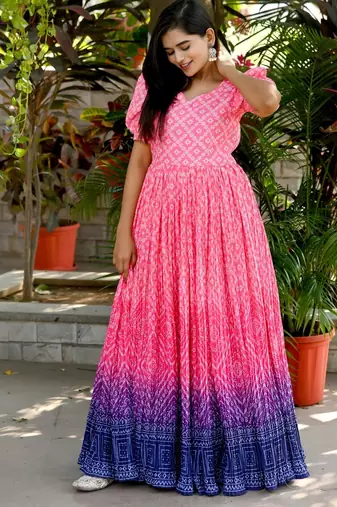 Pink Maslin Crochet Printed Gown     Lightweight Everyday Wear | Semi-Ready Stitch