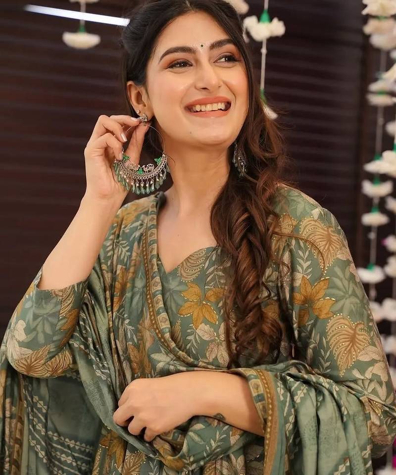 Sage green floral printed anarkali suit set with striped palazzos