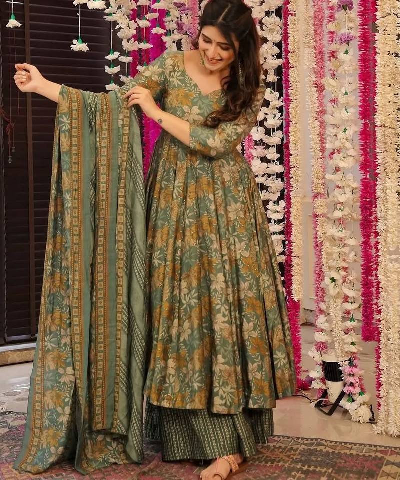 Sage green floral printed anarkali suit set with striped palazzos