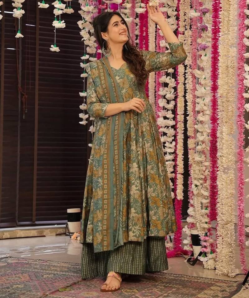 Sage green floral printed anarkali suit set with striped palazzos