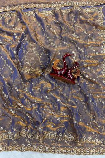 Grey Color Embroidered Space Silk Saree