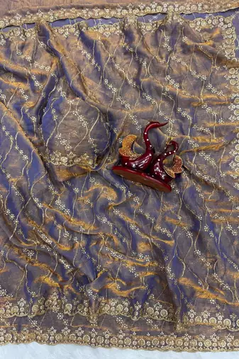 Grey Color Embroidered Space Silk Saree