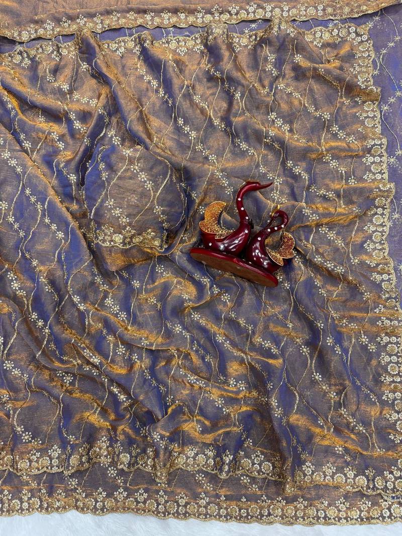 Grey Color Embroidered Space Silk Saree