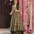 Sage green floral printed anarkali suit set with striped palazzos