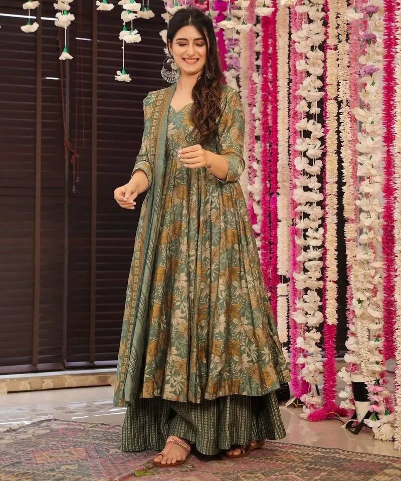Sage green floral printed anarkali suit set with striped palazzos