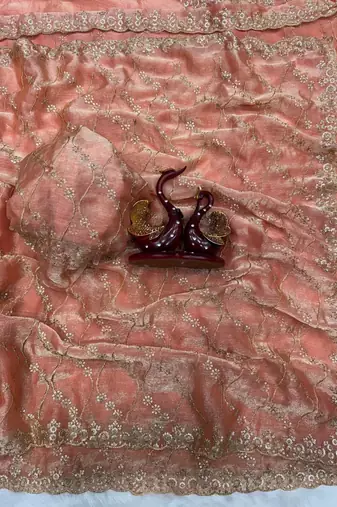 Peach Color Embroidered Space Silk Saree