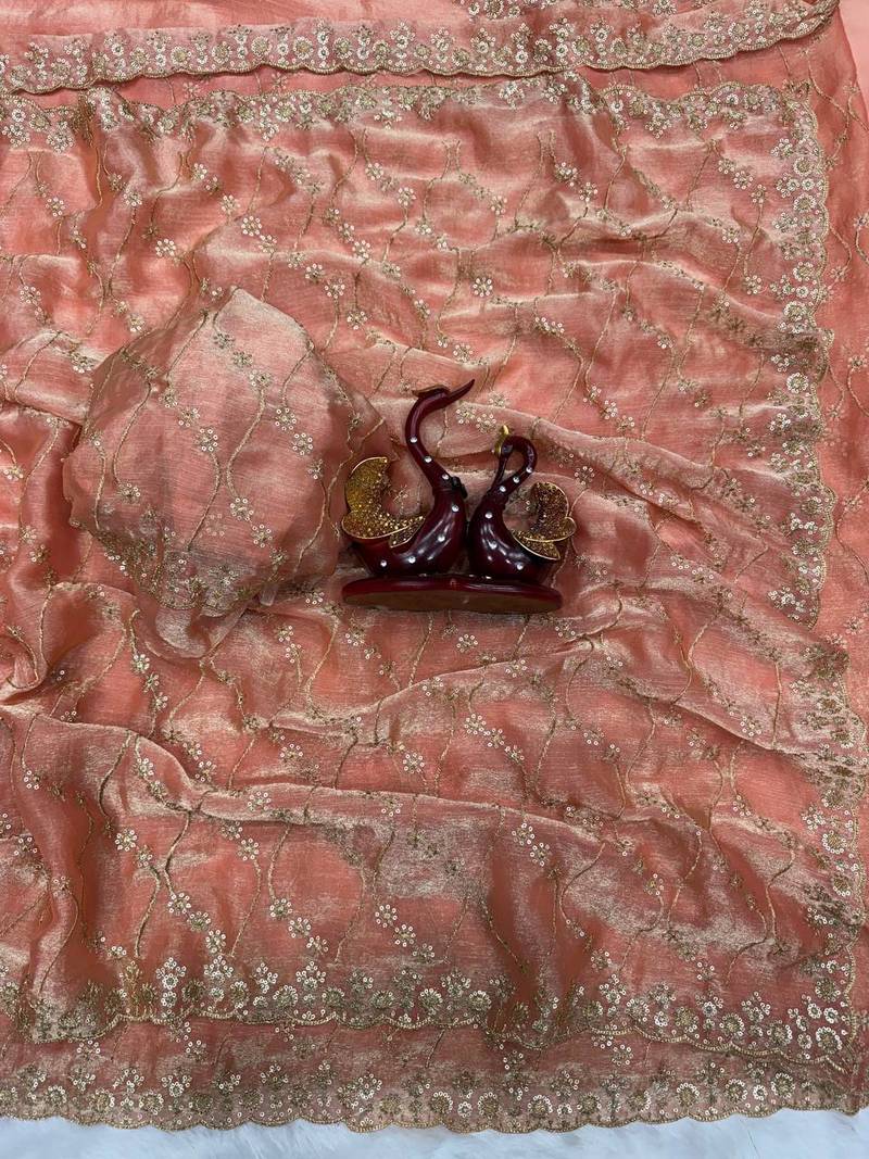Peach Color Embroidered Space Silk Saree