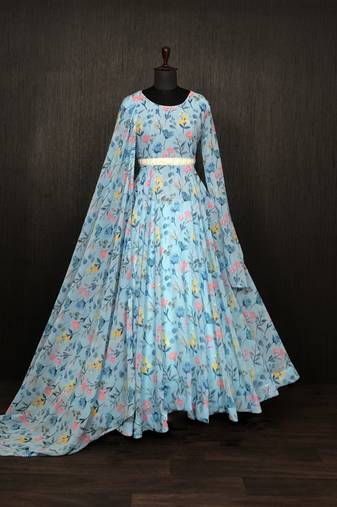 Sky Blue Faux Georgette Printed Gown     Lightweight Daily Wear | Semi-Ready Stitch