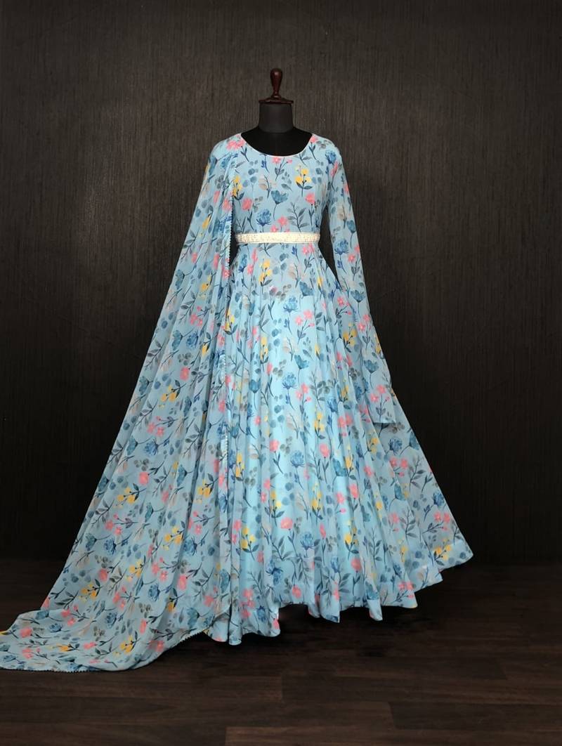 Sky Blue Faux Georgette Printed Gown     Lightweight Daily Wear | Semi-Ready Stitch